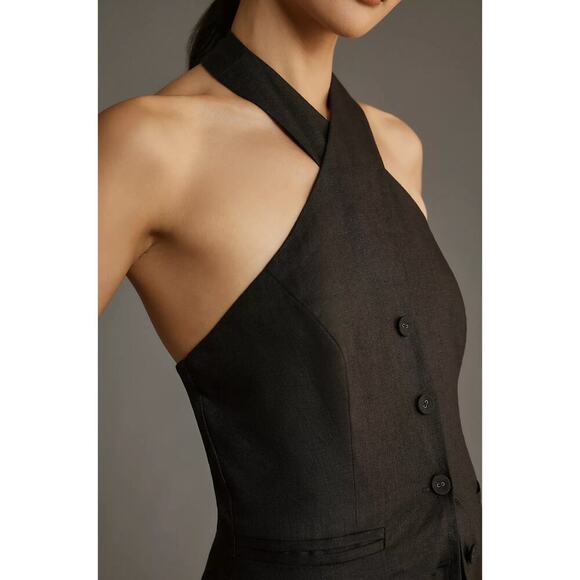 NWT Reformation Tate Linen Top Black Halter Size 10 Button Front - Picture 2 of 10